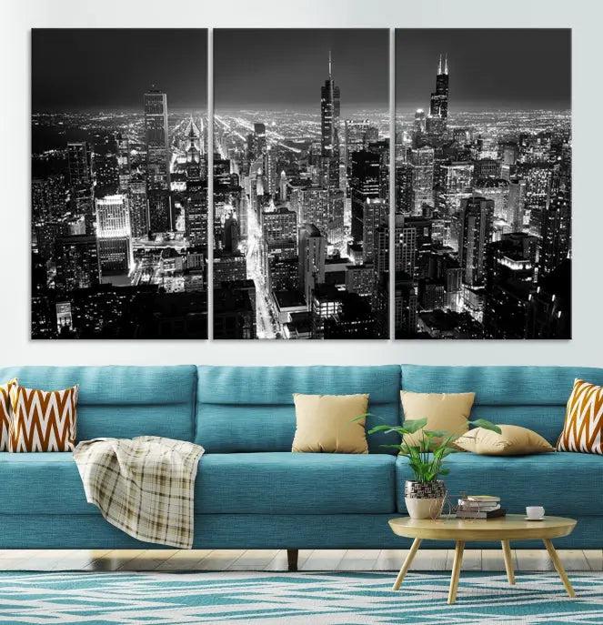 The Chicago Wall Art Canvas Print featuring the city skyline at night graces the wall. This museum-quality canvas comes with free shipping.