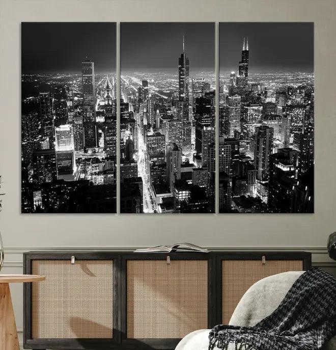 The Chicago Wall Art Canvas Print featuring the city skyline at night graces the wall. This museum-quality canvas comes with free shipping.