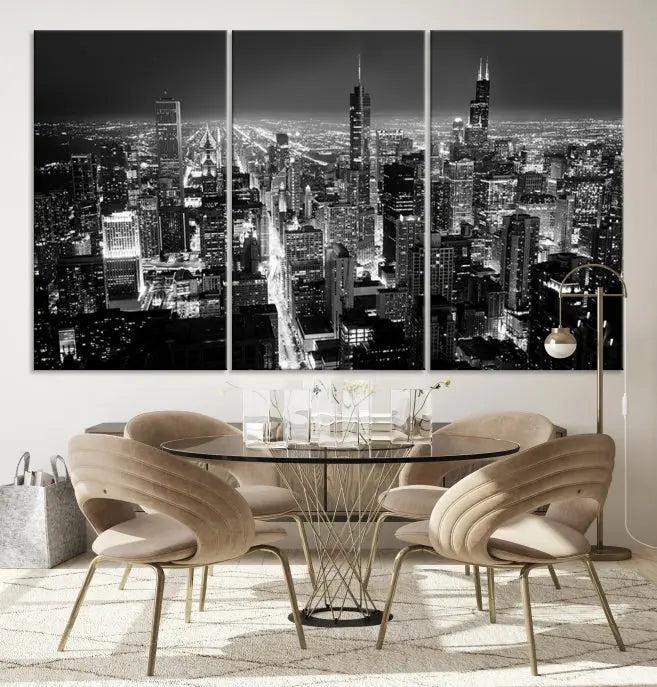 The Chicago Wall Art Canvas Print featuring the city skyline at night graces the wall. This museum-quality canvas comes with free shipping.