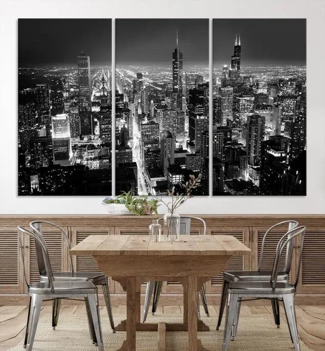 The Chicago Wall Art Canvas Print featuring the city skyline at night graces the wall. This museum-quality canvas comes with free shipping.