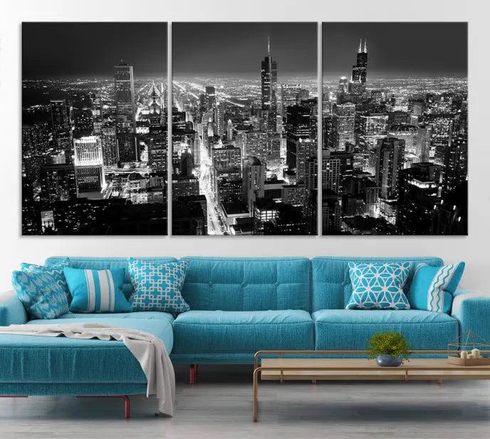 The Chicago Wall Art Canvas Print featuring the city skyline at night graces the wall. This museum-quality canvas comes with free shipping.