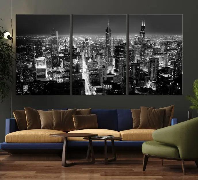 The Chicago Wall Art Canvas Print featuring the city skyline at night graces the wall. This museum-quality canvas comes with free shipping.