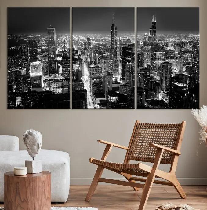 The Chicago Wall Art Canvas Print featuring the city skyline at night graces the wall. This museum-quality canvas comes with free shipping.