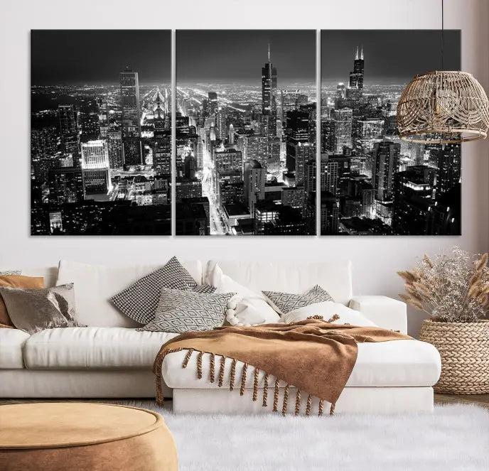 The Chicago Wall Art Canvas Print featuring the city skyline at night graces the wall. This museum-quality canvas comes with free shipping.