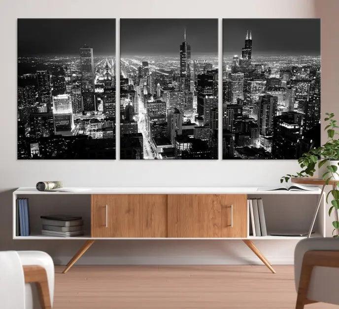 The Chicago Wall Art Canvas Print featuring the city skyline at night graces the wall. This museum-quality canvas comes with free shipping.