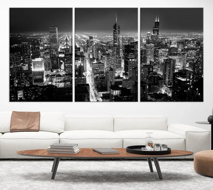 The Chicago Wall Art Canvas Print featuring the city skyline at night graces the wall. This museum-quality canvas comes with free shipping.