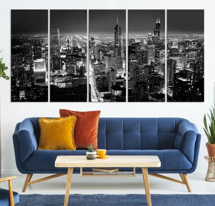 The Chicago Wall Art Canvas Print featuring the city skyline at night graces the wall. This museum-quality canvas comes with free shipping.