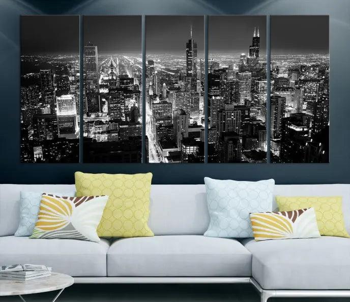 The Chicago Wall Art Canvas Print featuring the city skyline at night graces the wall. This museum-quality canvas comes with free shipping.