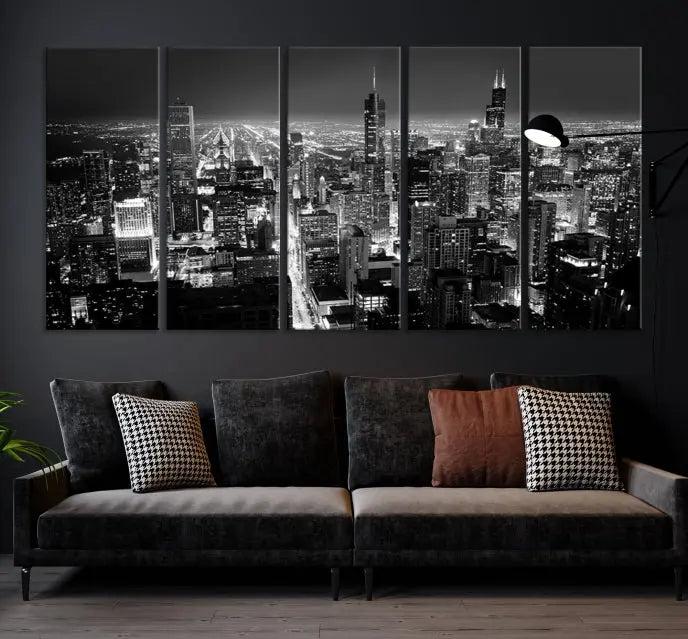 The Chicago Wall Art Canvas Print featuring the city skyline at night graces the wall. This museum-quality canvas comes with free shipping.