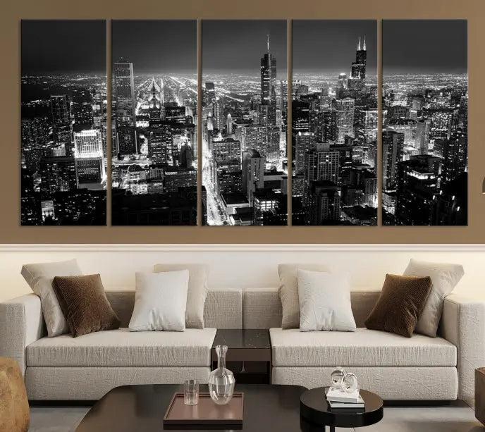 The Chicago Wall Art Canvas Print featuring the city skyline at night graces the wall. This museum-quality canvas comes with free shipping.