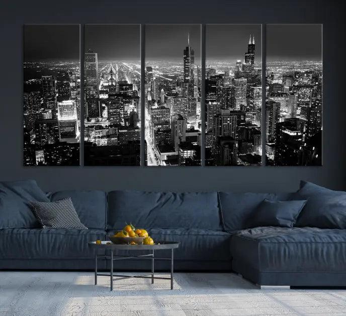 The Chicago Wall Art Canvas Print featuring the city skyline at night graces the wall. This museum-quality canvas comes with free shipping.