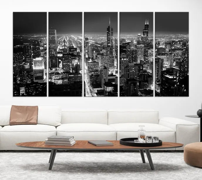 The Chicago Wall Art Canvas Print featuring the city skyline at night graces the wall. This museum-quality canvas comes with free shipping.