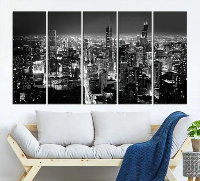 The Chicago Wall Art Canvas Print featuring the city skyline at night graces the wall. This museum-quality canvas comes with free shipping.