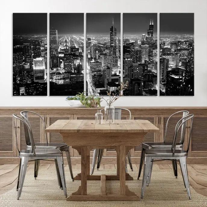 The Chicago Wall Art Canvas Print featuring the city skyline at night graces the wall. This museum-quality canvas comes with free shipping.