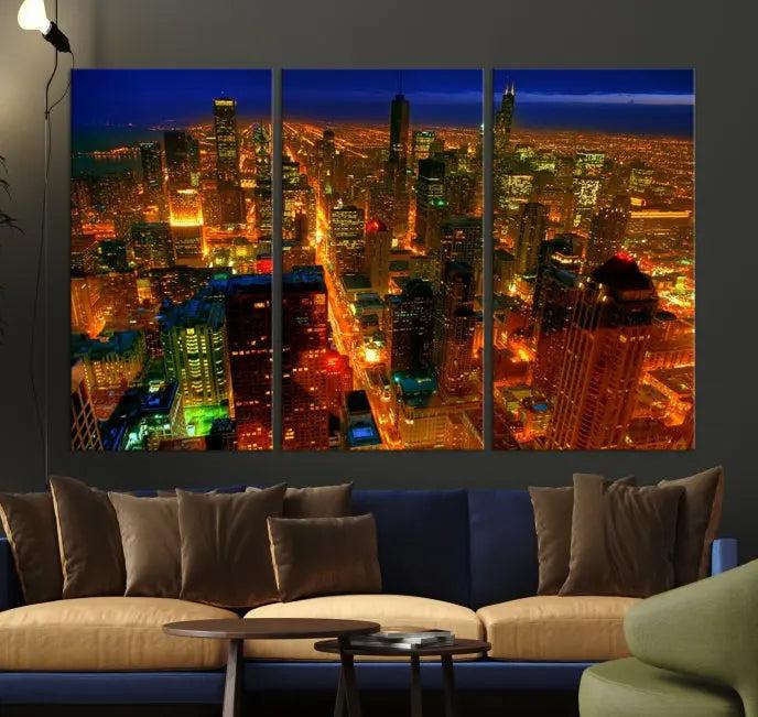 The Chicago Wall Art Canvas Print Chicago City Night Canvas Print, crafted on museum-quality polycotton with a UV-protective coating, is split into three panels.