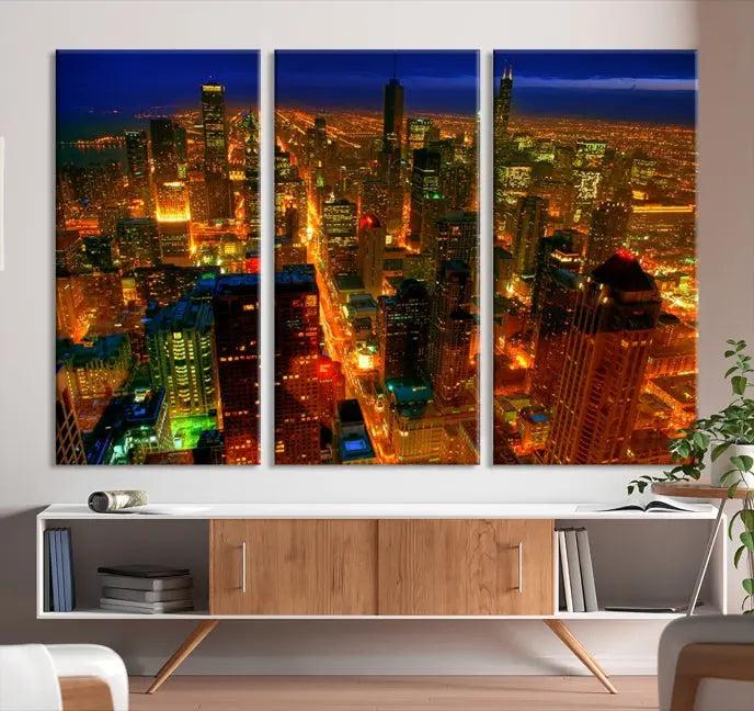 The Chicago Wall Art Canvas Print Chicago City Night Canvas Print, crafted on museum-quality polycotton with a UV-protective coating, is split into three panels.