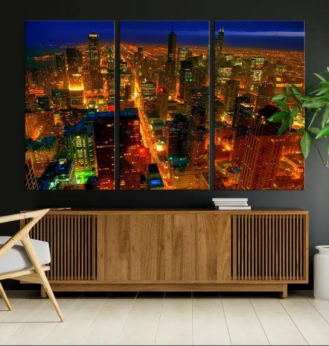 The Chicago Wall Art Canvas Print Chicago City Night Canvas Print, crafted on museum-quality polycotton with a UV-protective coating, is split into three panels.