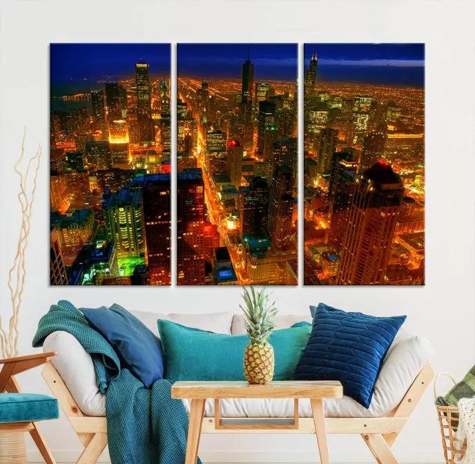 The Chicago Wall Art Canvas Print Chicago City Night Canvas Print, crafted on museum-quality polycotton with a UV-protective coating, is split into three panels.