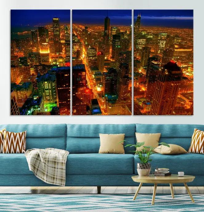 The Chicago Wall Art Canvas Print Chicago City Night Canvas Print, crafted on museum-quality polycotton with a UV-protective coating, is split into three panels.