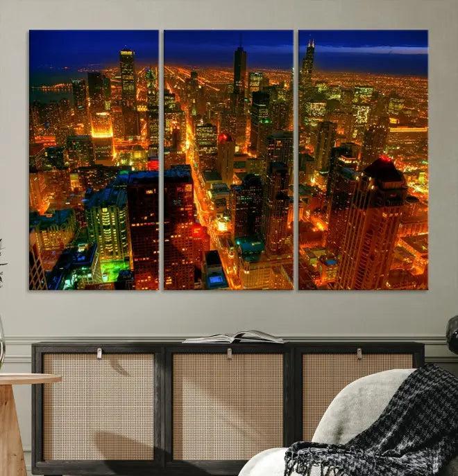 The Chicago Wall Art Canvas Print Chicago City Night Canvas Print, crafted on museum-quality polycotton with a UV-protective coating, is split into three panels.