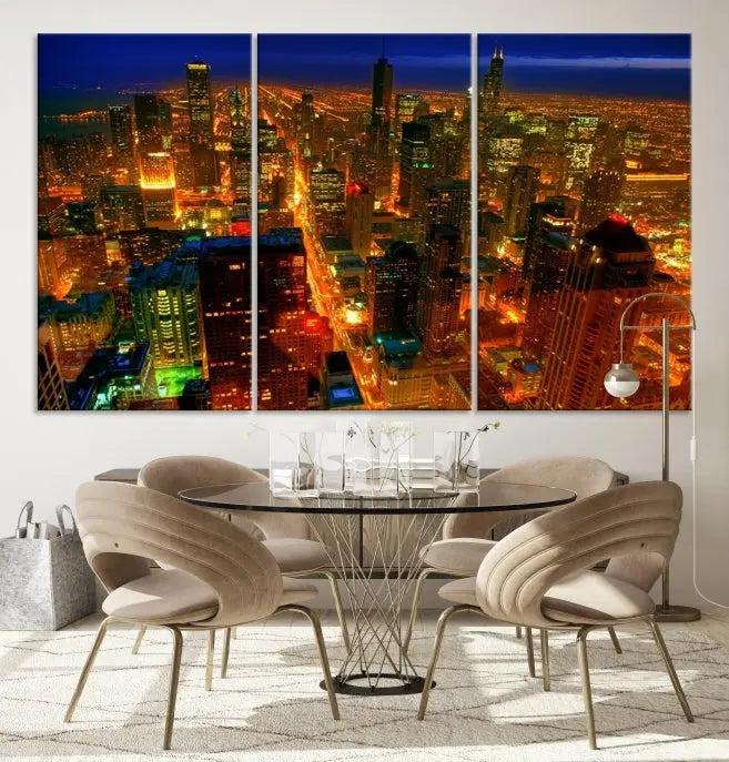 The Chicago Wall Art Canvas Print Chicago City Night Canvas Print, crafted on museum-quality polycotton with a UV-protective coating, is split into three panels.