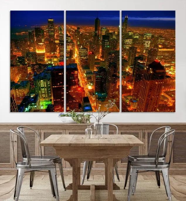 The Chicago Wall Art Canvas Print Chicago City Night Canvas Print, crafted on museum-quality polycotton with a UV-protective coating, is split into three panels.