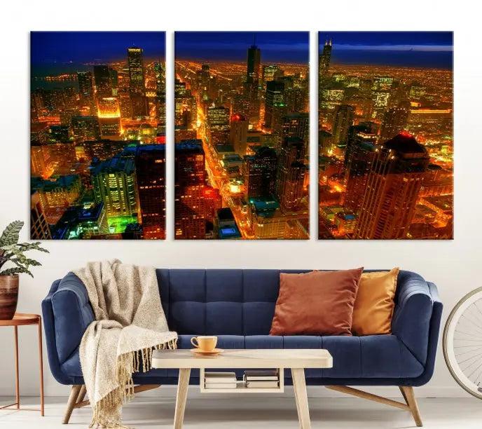 The Chicago Wall Art Canvas Print Chicago City Night Canvas Print, crafted on museum-quality polycotton with a UV-protective coating, is split into three panels.