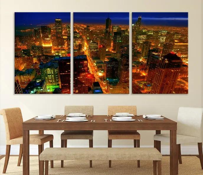 The Chicago Wall Art Canvas Print Chicago City Night Canvas Print, crafted on museum-quality polycotton with a UV-protective coating, is split into three panels.