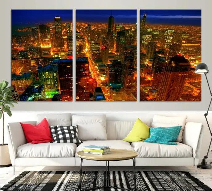 The Chicago Wall Art Canvas Print Chicago City Night Canvas Print, crafted on museum-quality polycotton with a UV-protective coating, is split into three panels.