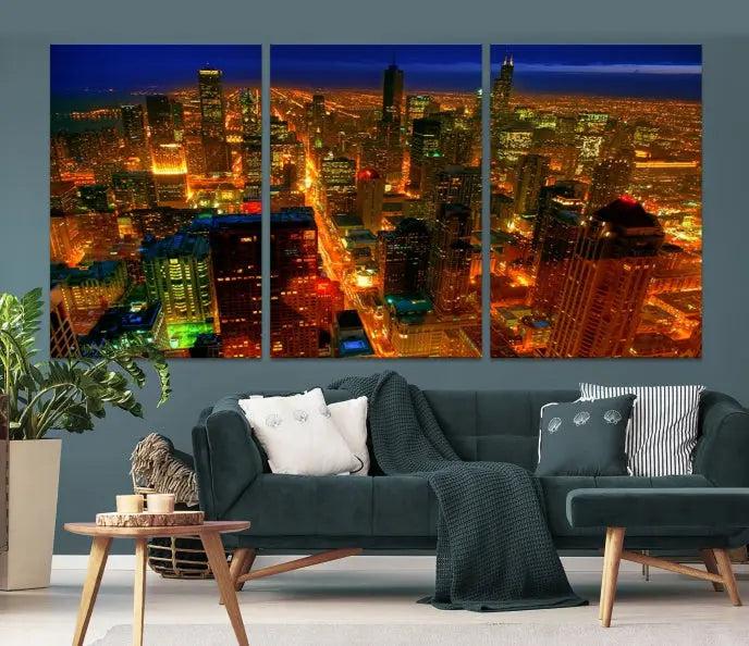 The Chicago Wall Art Canvas Print Chicago City Night Canvas Print, crafted on museum-quality polycotton with a UV-protective coating, is split into three panels.