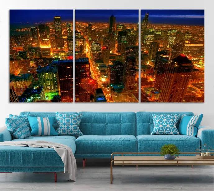 The Chicago Wall Art Canvas Print Chicago City Night Canvas Print, crafted on museum-quality polycotton with a UV-protective coating, is split into three panels.