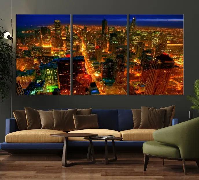 The Chicago Wall Art Canvas Print Chicago City Night Canvas Print, crafted on museum-quality polycotton with a UV-protective coating, is split into three panels.