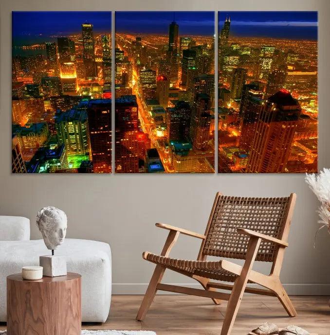 The Chicago Wall Art Canvas Print Chicago City Night Canvas Print, crafted on museum-quality polycotton with a UV-protective coating, is split into three panels.