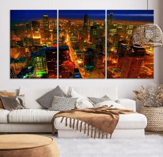 The Chicago Wall Art Canvas Print Chicago City Night Canvas Print, crafted on museum-quality polycotton with a UV-protective coating, is split into three panels.