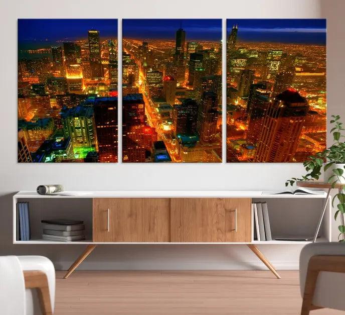 The Chicago Wall Art Canvas Print Chicago City Night Canvas Print, crafted on museum-quality polycotton with a UV-protective coating, is split into three panels.