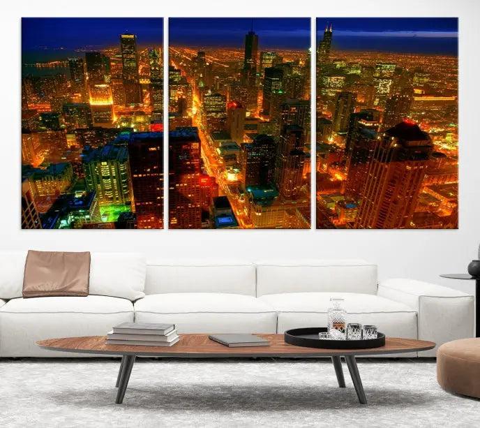 The Chicago Wall Art Canvas Print Chicago City Night Canvas Print, crafted on museum-quality polycotton with a UV-protective coating, is split into three panels.