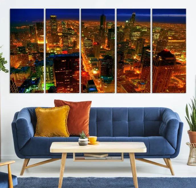 The Chicago Wall Art Canvas Print Chicago City Night Canvas Print, crafted on museum-quality polycotton with a UV-protective coating, is split into three panels.