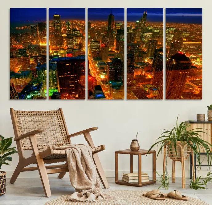 The Chicago Wall Art Canvas Print Chicago City Night Canvas Print, crafted on museum-quality polycotton with a UV-protective coating, is split into three panels.