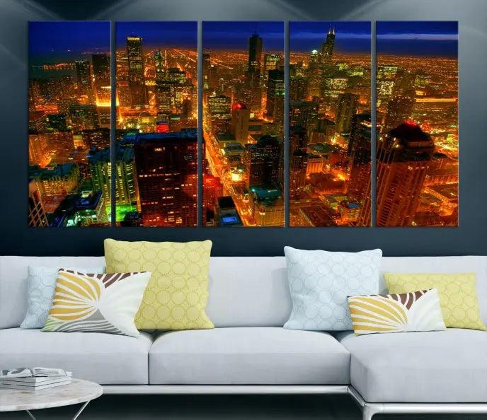 The Chicago Wall Art Canvas Print Chicago City Night Canvas Print, crafted on museum-quality polycotton with a UV-protective coating, is split into three panels.