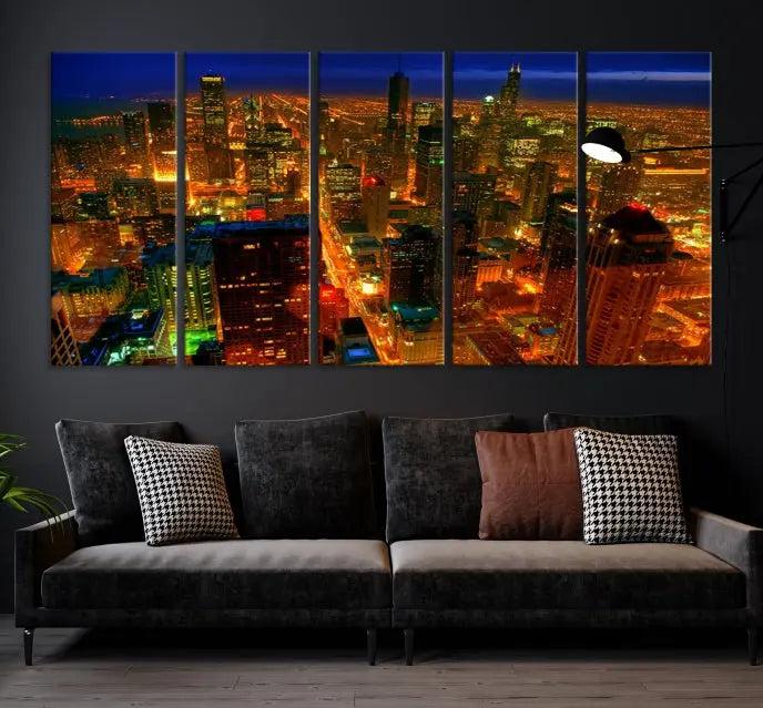 The Chicago Wall Art Canvas Print Chicago City Night Canvas Print, crafted on museum-quality polycotton with a UV-protective coating, is split into three panels.