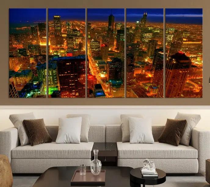 The Chicago Wall Art Canvas Print Chicago City Night Canvas Print, crafted on museum-quality polycotton with a UV-protective coating, is split into three panels.