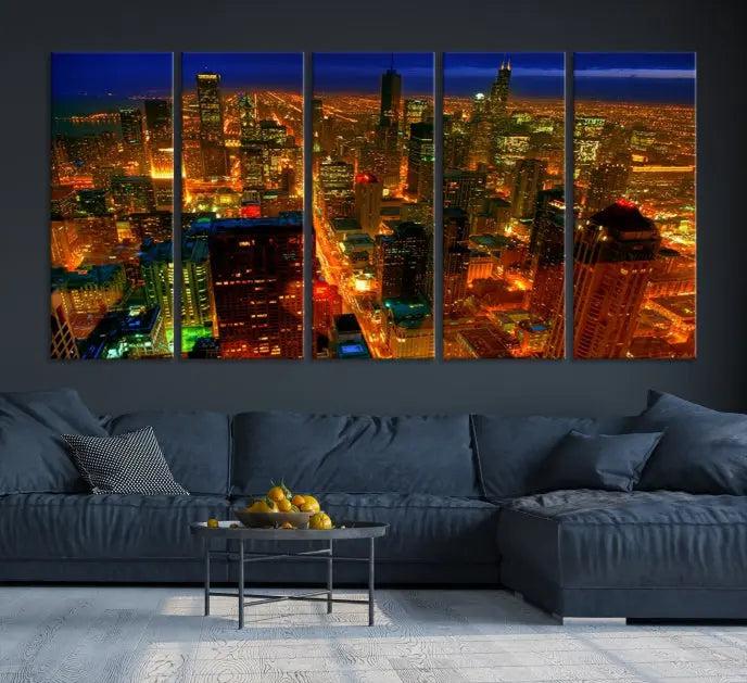 The Chicago Wall Art Canvas Print Chicago City Night Canvas Print, crafted on museum-quality polycotton with a UV-protective coating, is split into three panels.