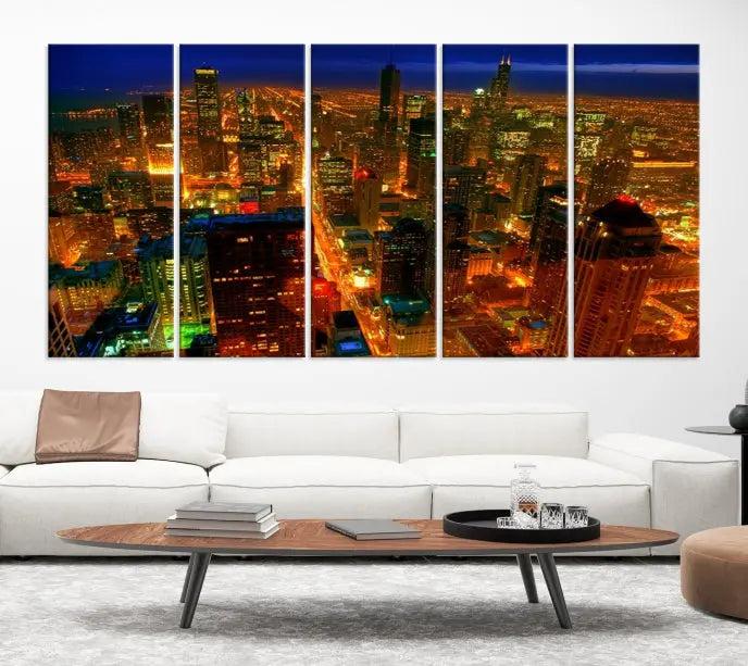 The Chicago Wall Art Canvas Print Chicago City Night Canvas Print, crafted on museum-quality polycotton with a UV-protective coating, is split into three panels.