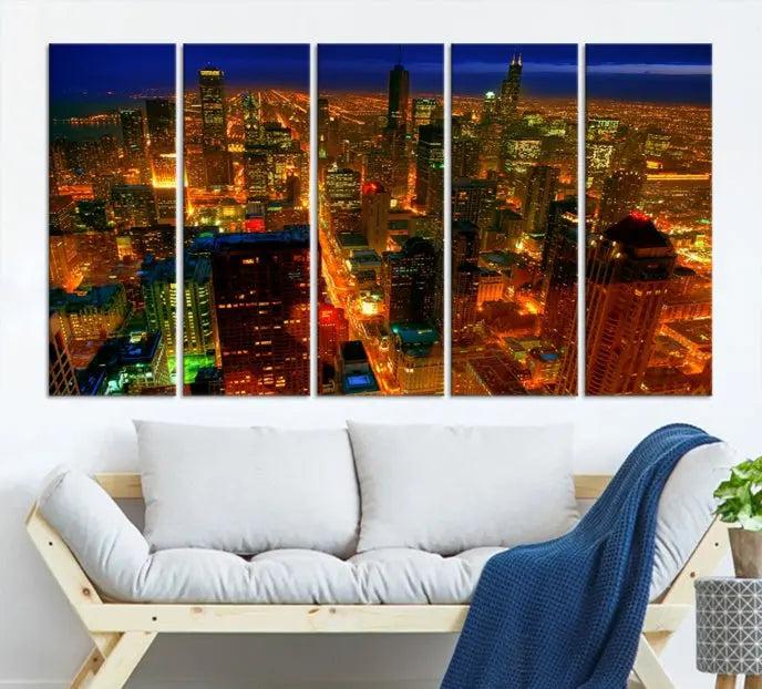 The Chicago Wall Art Canvas Print Chicago City Night Canvas Print, crafted on museum-quality polycotton with a UV-protective coating, is split into three panels.