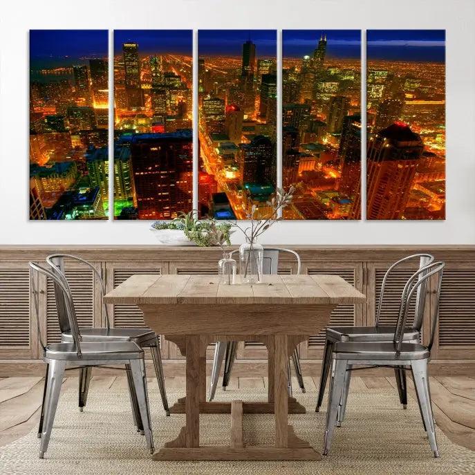 The Chicago Wall Art Canvas Print Chicago City Night Canvas Print, crafted on museum-quality polycotton with a UV-protective coating, is split into three panels.