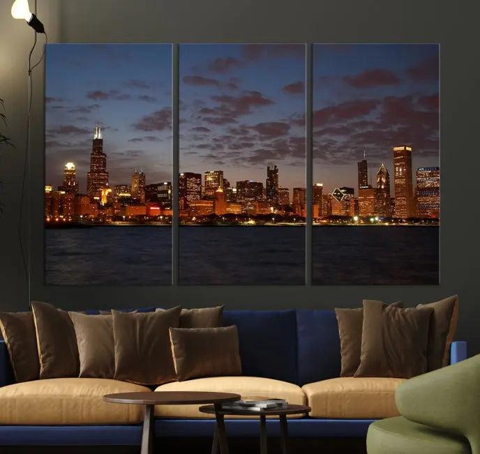 The "Chicago Wall Art Canvas Print Chicago City Night Canvas Print" is a stunning triptych depicting a city skyline at dusk on museum-quality canvases. It features a UV-protective coating and comes ready to hang.