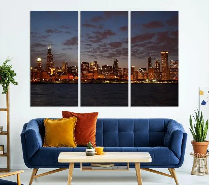 The "Chicago Wall Art Canvas Print Chicago City Night Canvas Print" is a stunning triptych depicting a city skyline at dusk on museum-quality canvases. It features a UV-protective coating and comes ready to hang.