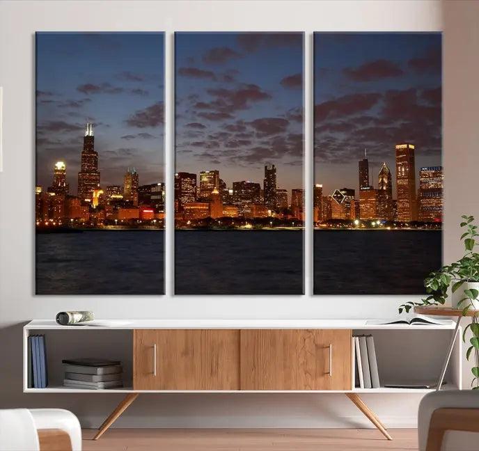 The "Chicago Wall Art Canvas Print Chicago City Night Canvas Print" is a stunning triptych depicting a city skyline at dusk on museum-quality canvases. It features a UV-protective coating and comes ready to hang.