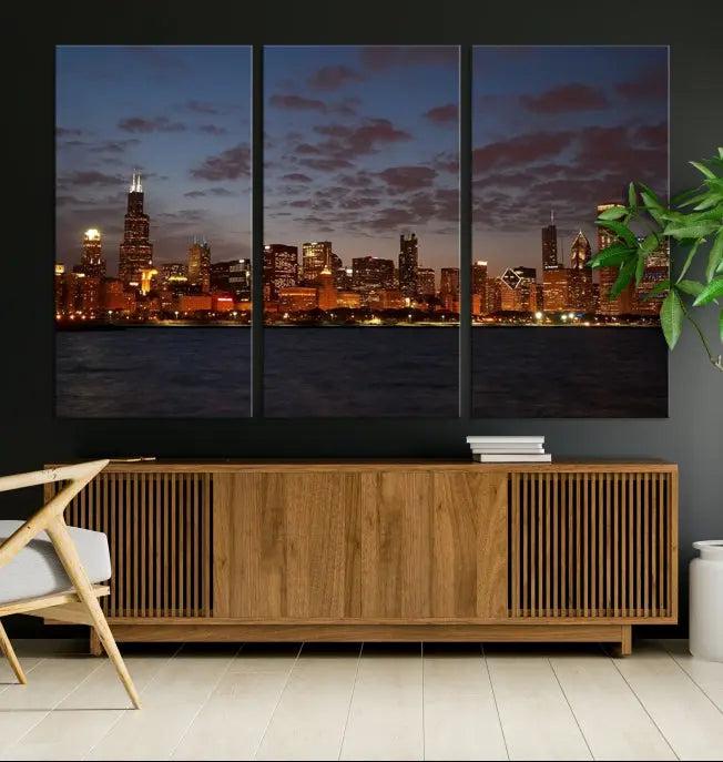 The "Chicago Wall Art Canvas Print Chicago City Night Canvas Print" is a stunning triptych depicting a city skyline at dusk on museum-quality canvases. It features a UV-protective coating and comes ready to hang.