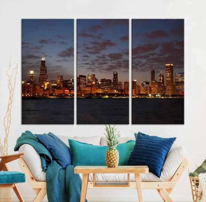 The "Chicago Wall Art Canvas Print Chicago City Night Canvas Print" is a stunning triptych depicting a city skyline at dusk on museum-quality canvases. It features a UV-protective coating and comes ready to hang.